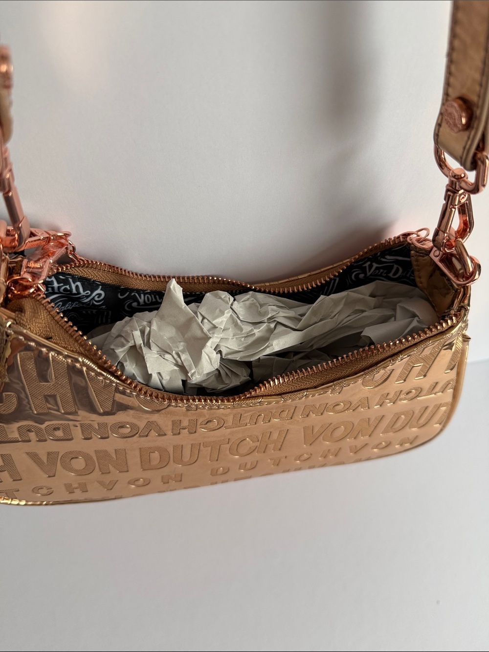 Von Dutch Y2K Metallic Rose Gold Shoulder Bag McBling 2000s It Girl Purse - Picture 4 of 6